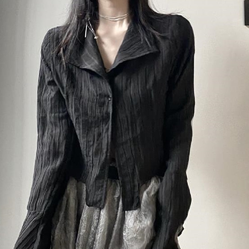 OOTDGIRL Vintage Gothic Style Shirts Flared Long Sleeve Lapel Neck Button Down Ruched Black Shirt Tops Emo Grunge Clothes