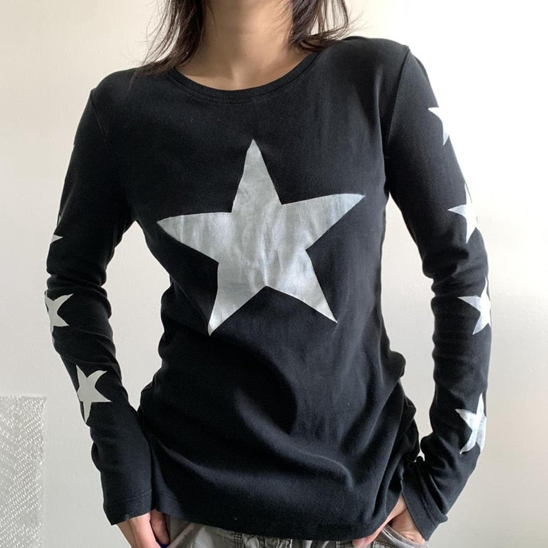 OOTDGIRL Retro Grunge Star Print T-Shirt E-Girl Gothic Long Sleeve Sweats Tees Autumn Spring Y2K Vintage Dark Academia Black Crop Tops