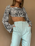Ootdgirl  Zebra Print Elegant  Backless Lace Up Blouses Women Fashion Autumn Club Party Long Sleeve Shirts Crop Tops