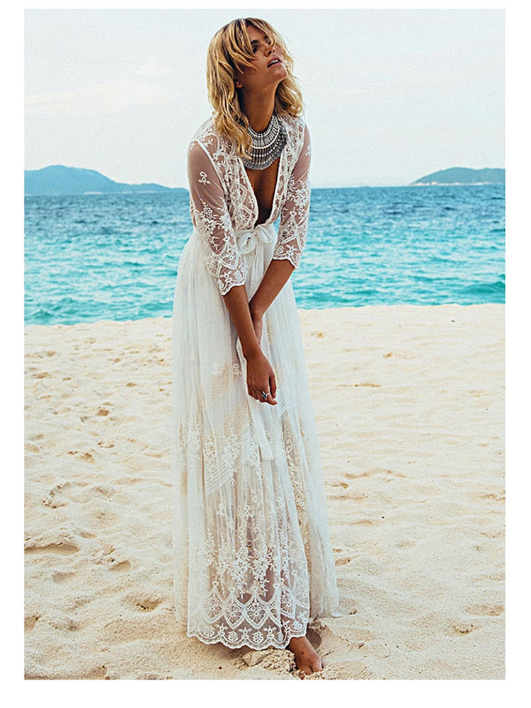 Ootdgirl  Bohemian Lace Beach Cover Up Swimwear Sheer  Hot Summer Long Cardigan Bikini Outing Holiday White Kimono 2022