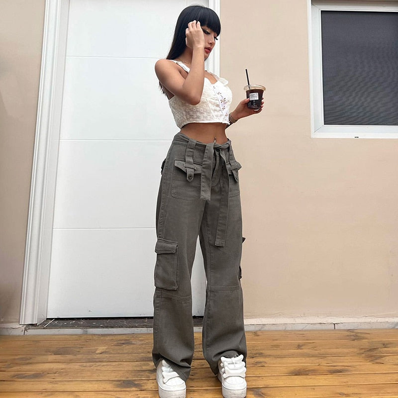 OOTDGIRL Retro Gray Overalls Jeans Women's Fashion New Women's Trousers Sexy Low Waist Loose Casual Trousers Aesthetic 90S Straight Pants
