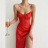 OOTDGIRL French Romance Floral Print Split Dresses Sexy Front Tie Up Bandage Spaghetti Strap Long Dress Chic Women Vintage Streetwear