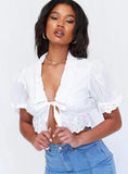 OOTDGIRL Summer Women Solid White Shirt Retro Ruched Sexy Deep Veck Half Sleeve Ruffles Bandage Cotton Short Blouse