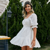 OOTDGIRL Lace Up Hollow Out Knot Summer White Dress Women Holiday Casual High Waist Ruffled Mini Dresses A-Line Frills Vestido