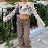 OOTDGIRL 90S Vintage Knitted Hollow Out Crop Top Y2K Aesthetic Crochet Loose Pullovers Fairycore Grunge Sweater Tees Cover-Ups Streetwear