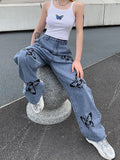 OOTDGIRL Women High Waisted Jeans Butterfly Print Straight Wide Leg Denim Pants Baggy Loose Casual Trousers Streetwear 2022 Spring New