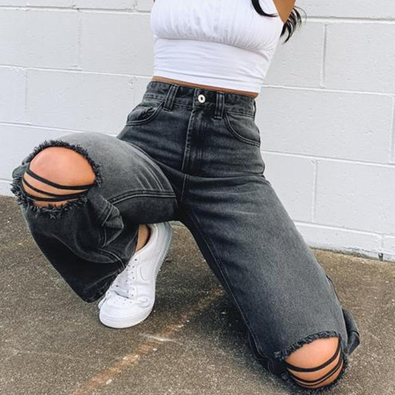 OOTDGIRL High Quality Ladies Jeans Fashion Loose Ripped High Waisted Straight Street Style Casual Denim Trousers Women's Pants Jeans