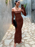 OOTDGIRL Elegant Sexy Strapless Maxi Dress Ruched Outfits Gloves Party Club Vestido Sleeveless Backless Long Dress Bodycon