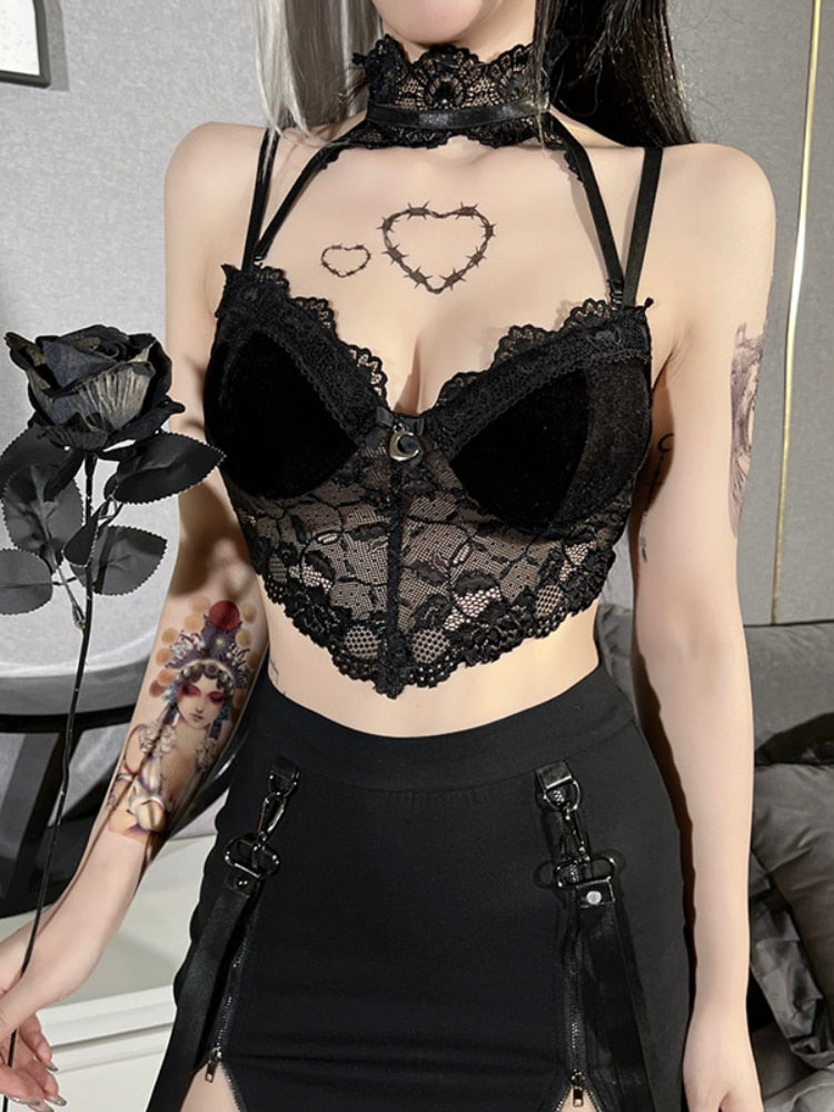 OOTDGIRL Gothic Mall Y2k Lace Halter Crop Top Women 2022 Summer Fairy Grunge Corset Top Festival See Through Lace Elegant Tanks