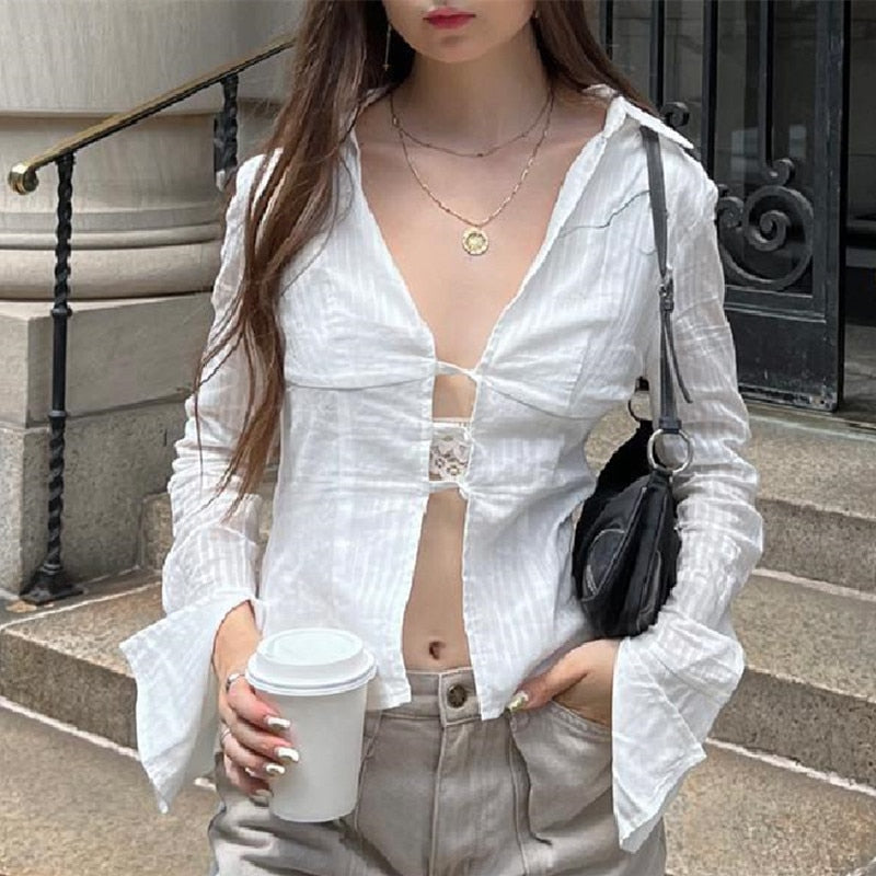 OOTDGIRL Autumn outfits Korean Fashion Sexy Hollow Out Crop Top Chic Women Long Sleeve Slim Fit Tees Y2K Vintage Aesthetics White T-Shirt Streetwear