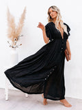 Ootdgirl Bohemian Deep V Neck White Long Dress Backless Ruffles Button Up Pareos Beach Cover Up Holiday  Slim Maxi Robe