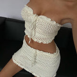 OOTDGIRL Chic Women Y2K Ruffles Knitted Hollow Out Strapless Tube Crop Top And Mini Skirt 2 Piece Clothing Set Summer Beach Holiday