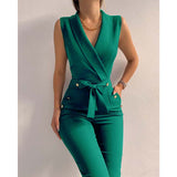 Ootdgirl Elegant Office Lady Solid Color Jumpsuits Hollow Out Design Zipper Pockets Button Belt Decor V-Neck Sleeveless Slim Hips Rompers