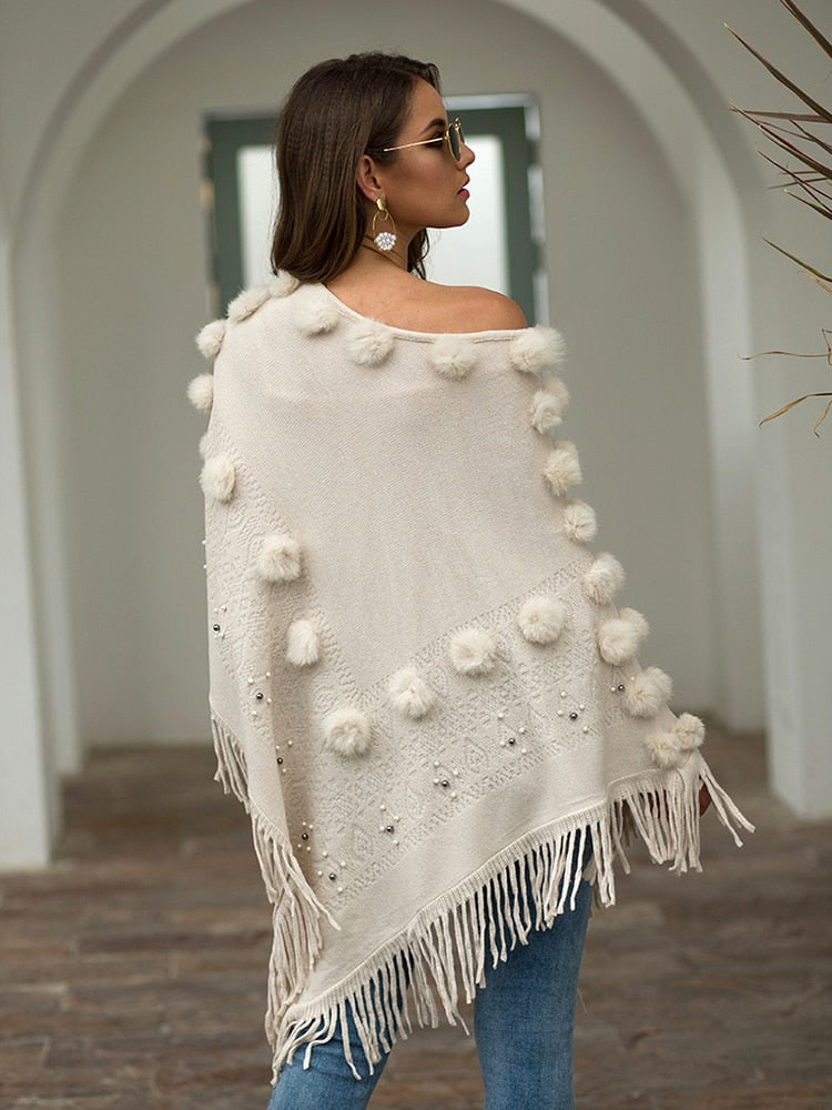 Ootdgirl  Fringe Hairball Bohemian Cloak Cape Oversized Sweater Female Knitwear Winter Clothing Irregular Poncho Women 2022
