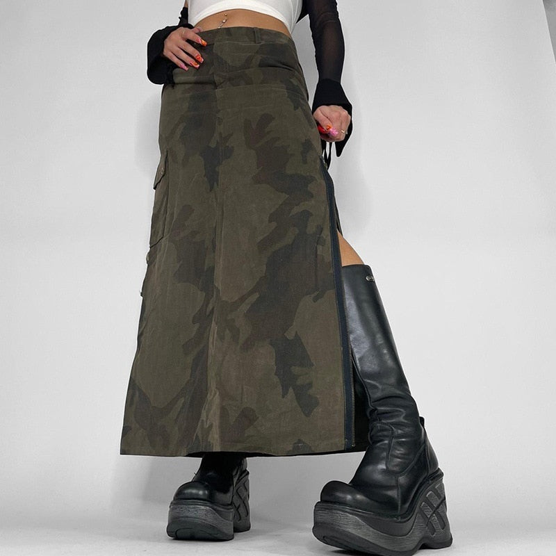OOTDGIRL Retro Camouflage Print Cargo Skirts Y2K Aesthetic Low Waist Zip Up Split Long Skirt Preppy Harajuku Vintage Grunge Streetwear