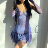 Vintage Tie Dye Print Mini Dress With Sleeves Y2K Aesthetic Fairy Grunge V Neck Backless Ruffles Hem Sundress Wrap Bodycon