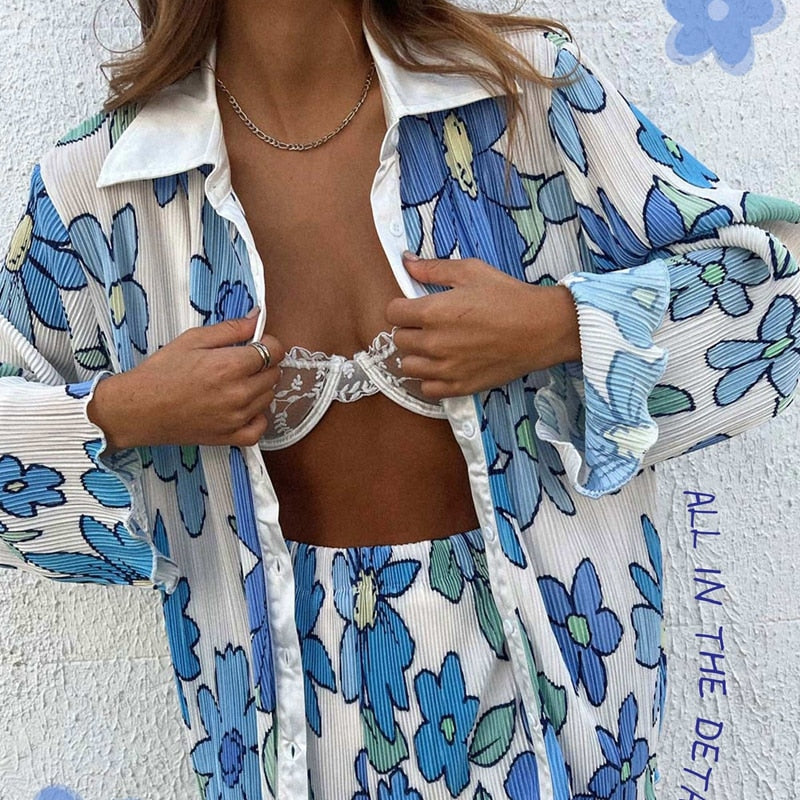OOTDGIRL Y2K Graphic Print Long Sleeve Shirt Blouse + Wide Leg Pants Chic Women Two Piece Set Vintage Streetwear Boho Holiday Outfits