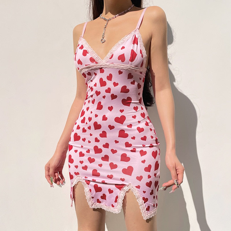 OOTDGIRL Cute Peach Heart Print Suspender Dress 2022 Summer New Women's V-Neck Open-Back Split Short Skirt Y2k Sweet Sexy Streetwear