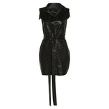 Ootdgirl  PU Leather Black  Dress for Women Summer 2022 Street Fashion Belted Sleeveless Mini Dresses Clubwear C83-DZ35