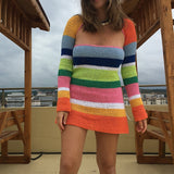 Y2K Boho Colorful Knitted Dress Elegant Lady Low Cut Sqare Collar Mini Dress Chic Women Vintage Beach Holiday Streetwear