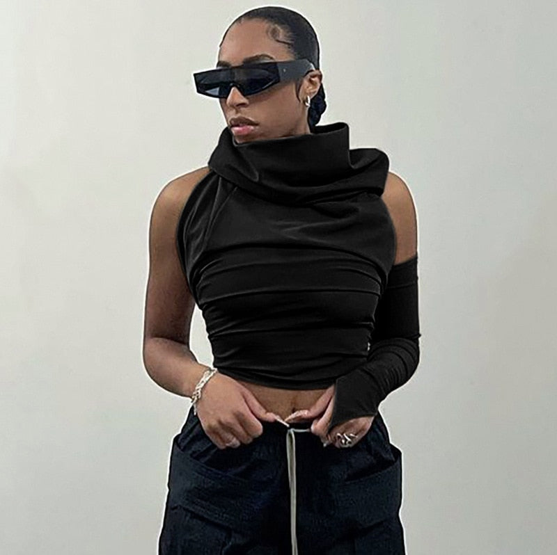 Ootdgirl  Asymmetrical Crop Top  Trendy One Sleeve Hooded Backless Fitted T Shirts Streetwear Women Clothing 2022 C85-BF19