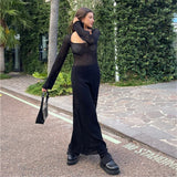 OOTDGIRL Y2K Vintage Black Knitted Long Dress Chic Women Summer Beach Holiday Hollow Out Cover-Ups Retro Crochet Maxi Smock Dresses