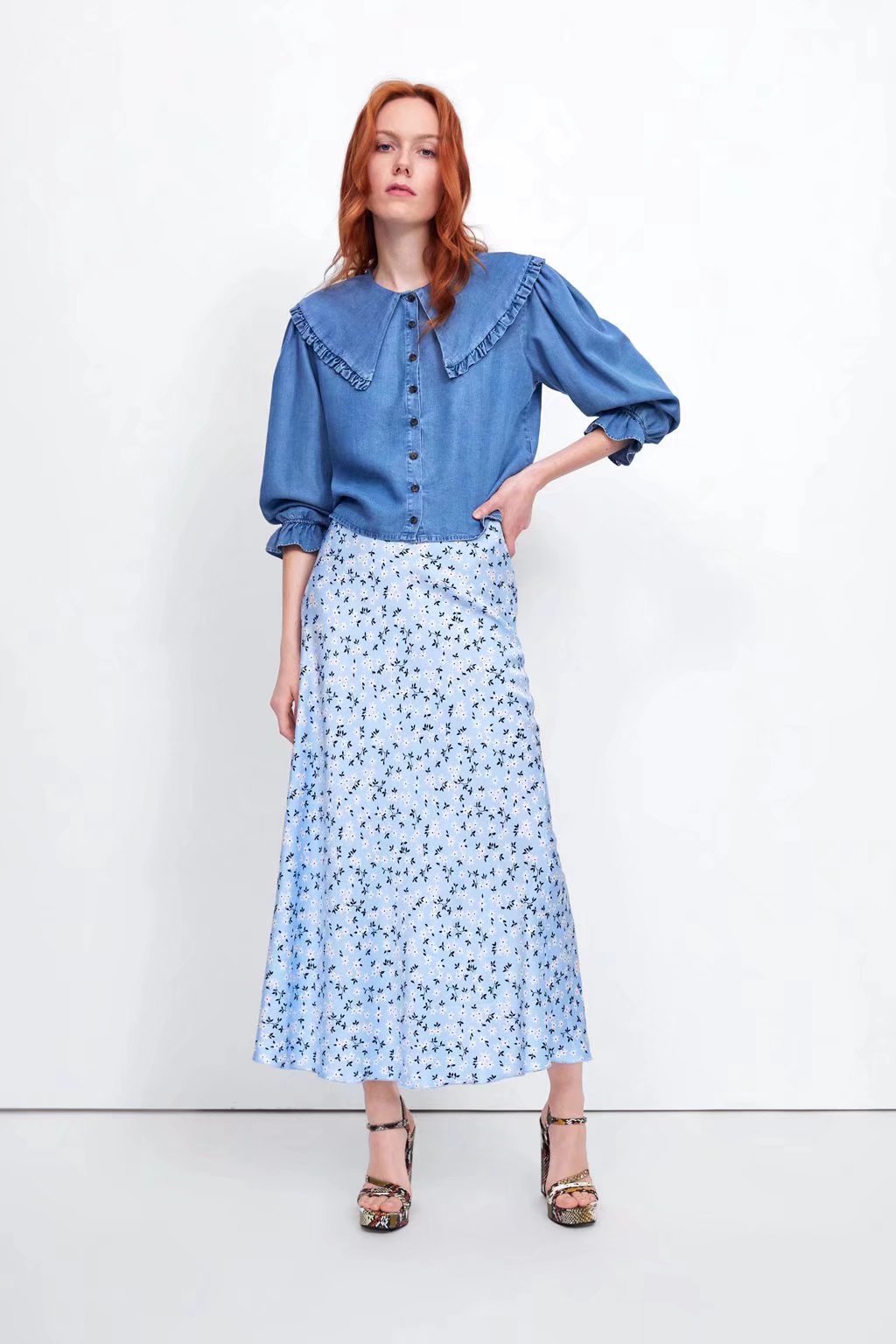OOTDGIRL Summer Women Solid Fashion Blue Denim Shirt Vintage Ruffled Long Sleeve Single-Breasted Lapel Female Short Blouse Chic Top