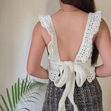 OOTDGIRL Y2K Vintage Knitted Crop Top Crochet Hollow Out Ruffles Mini Vest Sexy Low Cut Backless Tie Up Bandage Corset Top White Camisole