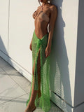 OOTDGIRL Summer Beach Holiday Tie The Knot Sexy Fishnet Maxi Skirts For Women Hollow Out See Through Skirts Bottom Clothes