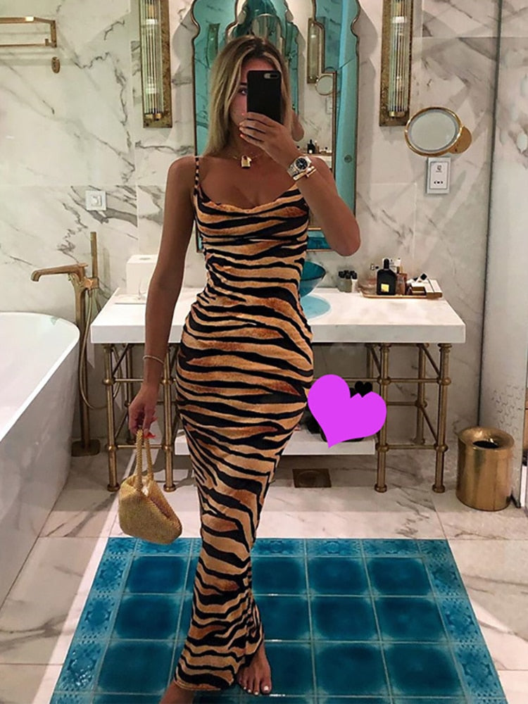 OOTDGIRL Leopard Party Dress Women Sleeveless Spaghetti Straps Backless Long Dresses Sexy Dress Christmas Outfits Club Clothes