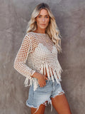 Ootdgirl  Handmade Crochet T-Shirts For Women Hollow Out Beach Cover Up Bohemian Fringe  Crop Top Holiday Lace Tee Shirt