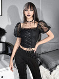 Ootdgirl Halloween Harajuku Embroidery Lace Up Black T-Shirt Emo Backless Lace Short Sleeve Women Tee 2022 Gothic Punk E Girl Crop Tshirt