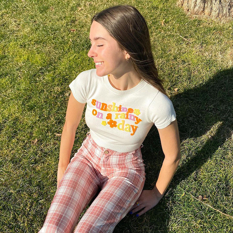 Ootdgirl  Slogan Knitted Short Sleeve Crop Tops for Sweet Girls Cute Baby Tee Y2k Summer Graphic T Shirts Streetwear C98-CB11
