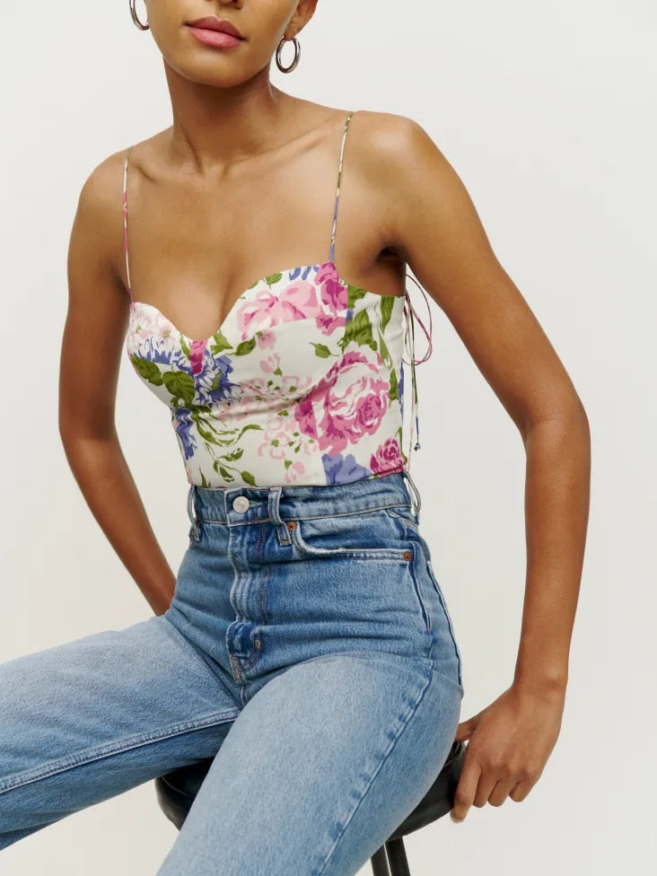 OOTDGIRL Summer Women Camis Ladies Floral Print Strapless Elastic Crop Top Vintage Holiday Beach Ladies Tank Top