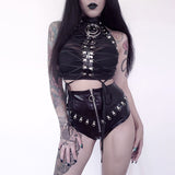 OOTDGIRL Punk Grunge Summer Black Camis Women Gothic Clothes Sleeveless Halter Corset Crop Top See Through Bandage Sexy Camisole