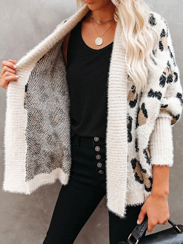Ootdgirl  Fuzzy Leopard Long Cardigan Female Bohemian Slim Batwing Sleeve Overized Sweaters Cardiagns  For Women Winter Coat