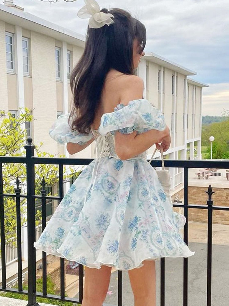 Ootdgirl  Floral Mini Dress Corset Off Shoulder Women Y2K  Puff Sleeve Dresses Summer 2022 French Chic Evening Party Vestidos