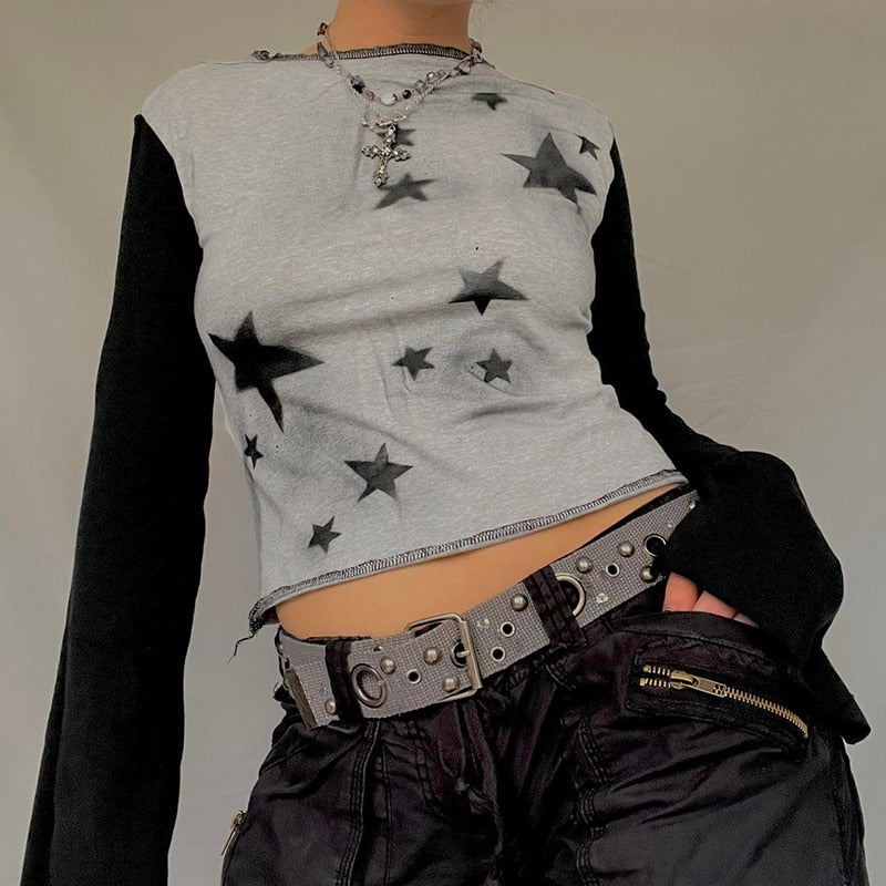 OOTDGIRL Autumn outfits Star Print Vintage T-Shirts Y2K Fairycore Grunge Cute Tees Streetwear 2000S Retro Harajuku Sweats Crop Top E-Girl Gothic Clothes