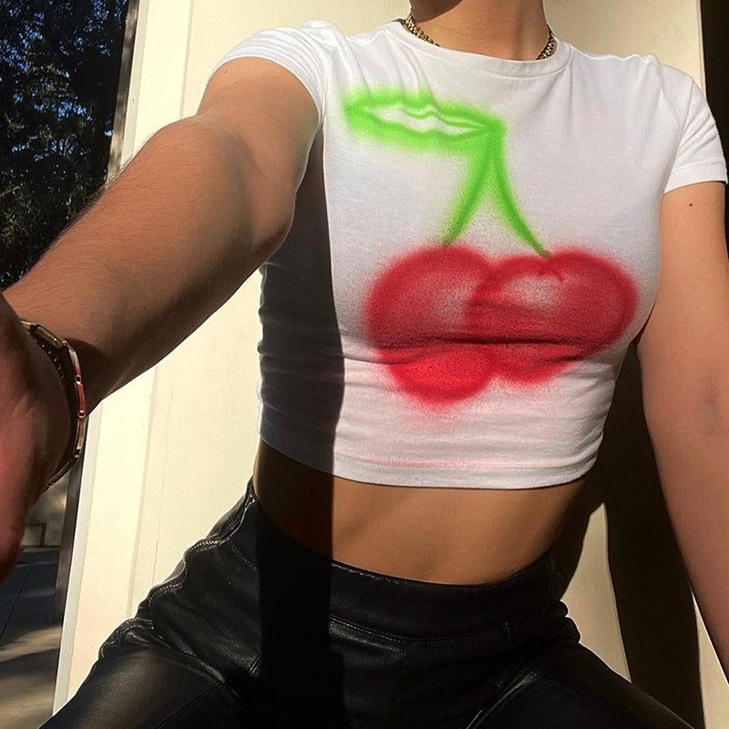 Ootdgirl  Cherry Printed White Crop Top Cute  Baby Tee Y2k Graphic T Shirts Streetwear Summer Clothes for Women C83-BB13