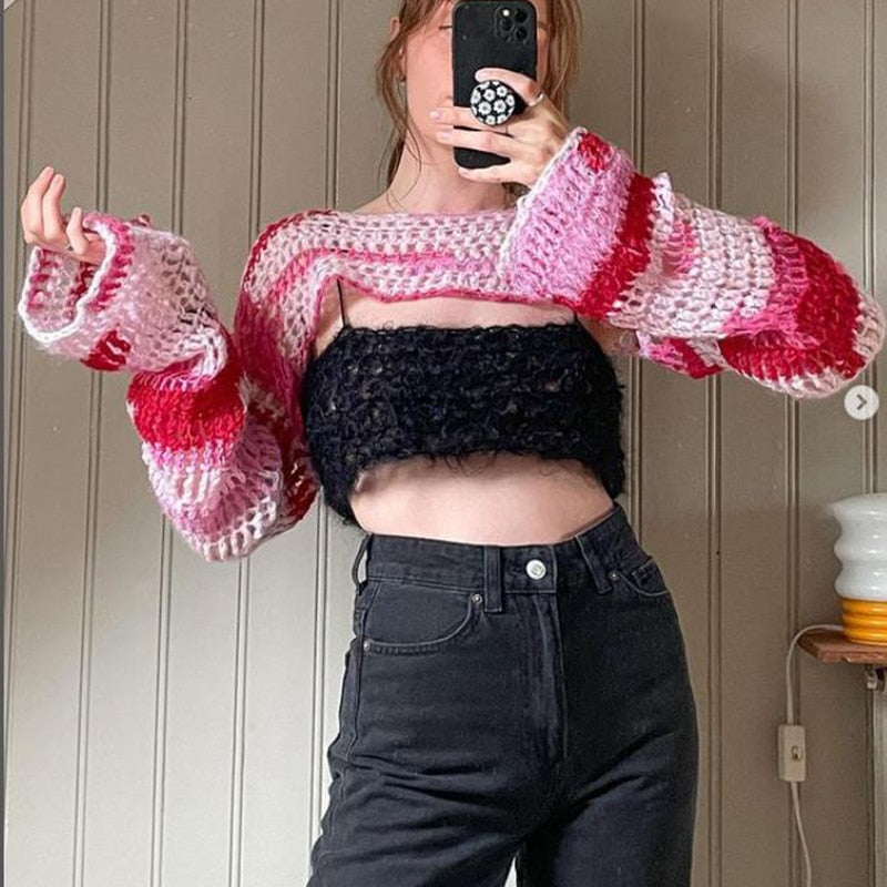 OOTDGIRL Autumn outfits Sweet Girl Pink Smock Top Vintage Striped Knitted Pullovers Y2K Aesthetic Fairycore Grunge Sweater Jumpers 2000S Retro Cover-Ups