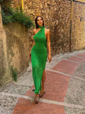 OOTDGIRL Sexy Backless Chain Halter Draped Maxi Dress For Women Party Club Vestido Summer Sleeveless Green Long Dresses