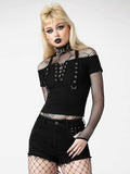 Ootdgirl Halloween Off-Shoulder Eyelet Crop Top Gothic Backless Lace Up Party Corset T-Shirt Mall Soild Black Harajuku Halter Cotton Tee
