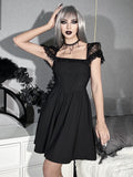 Ootdgirl Halloween Elegant Black Lace Sleeve Halara Dress Gothic Chic Strap Peasant A Line Dress Harajuku Retro Waist-In Linen Prom Dress