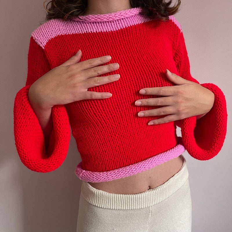 OOTDGIRL Chic Women Knitted Crop Sweater Autumn Vintage Rolled Trim Contrast Color Long Sleeves Pullover Tops Y2K Retro Streetwear