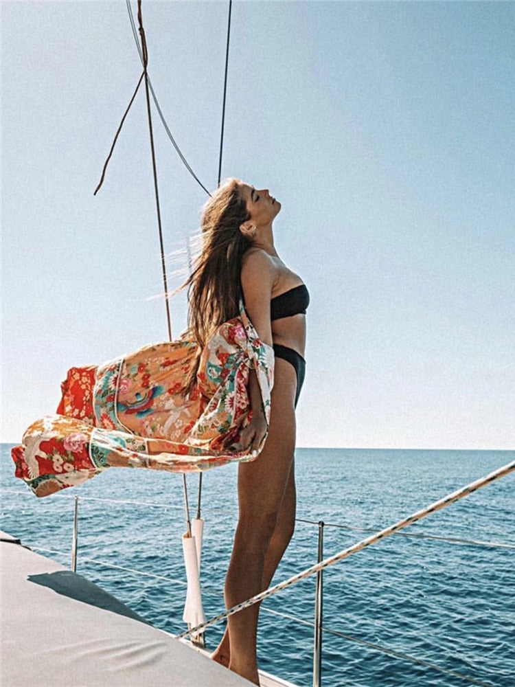 Ootdgirl  Vintage Print Floral Beach Cover Up Summer Swimwear Bikini Outerwear Flare Sleeve Oversize Bohemian Long Cardigans