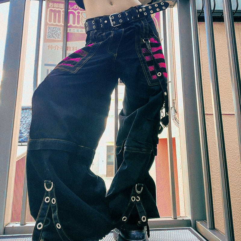 OOTDGIRL Yangelo Y2k Punk Wide Leg Grunge Black Pants Mall Gothic Harajuku Baggy High Waist Trousers Strap Patchwork Techwear Clothes