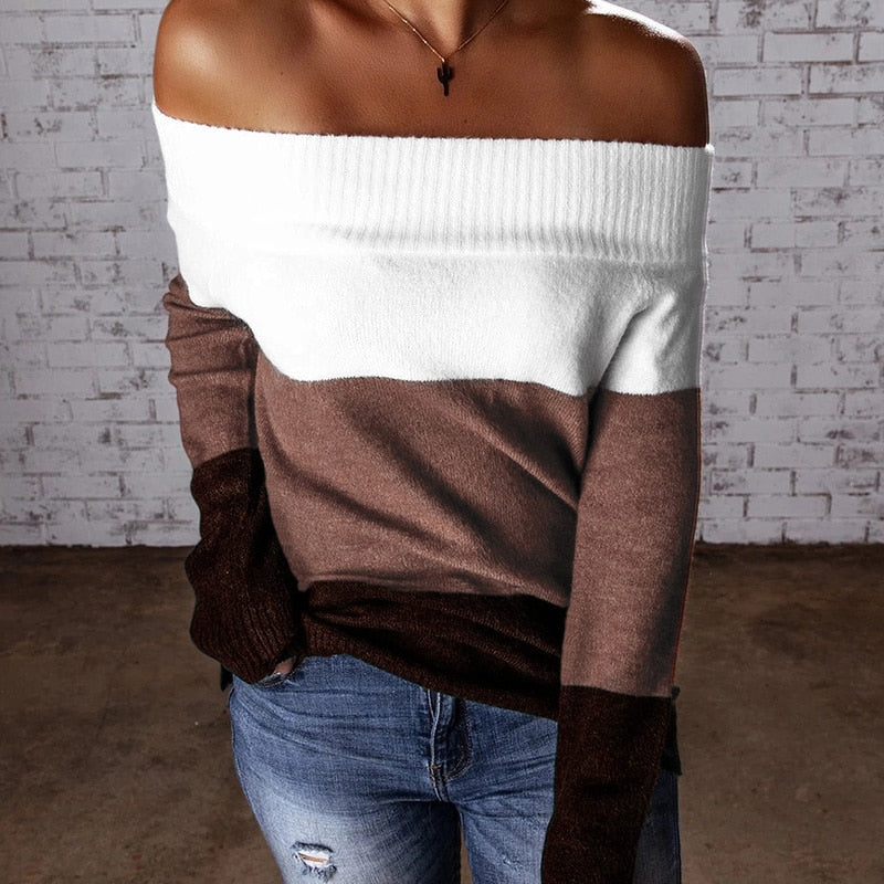 Ootdgirl  Off Shoulder Women's Knitwear Sweater Autumn Pullover  Slim Patchwork Jumper Bohemian Holiday Sweaters 2022 New