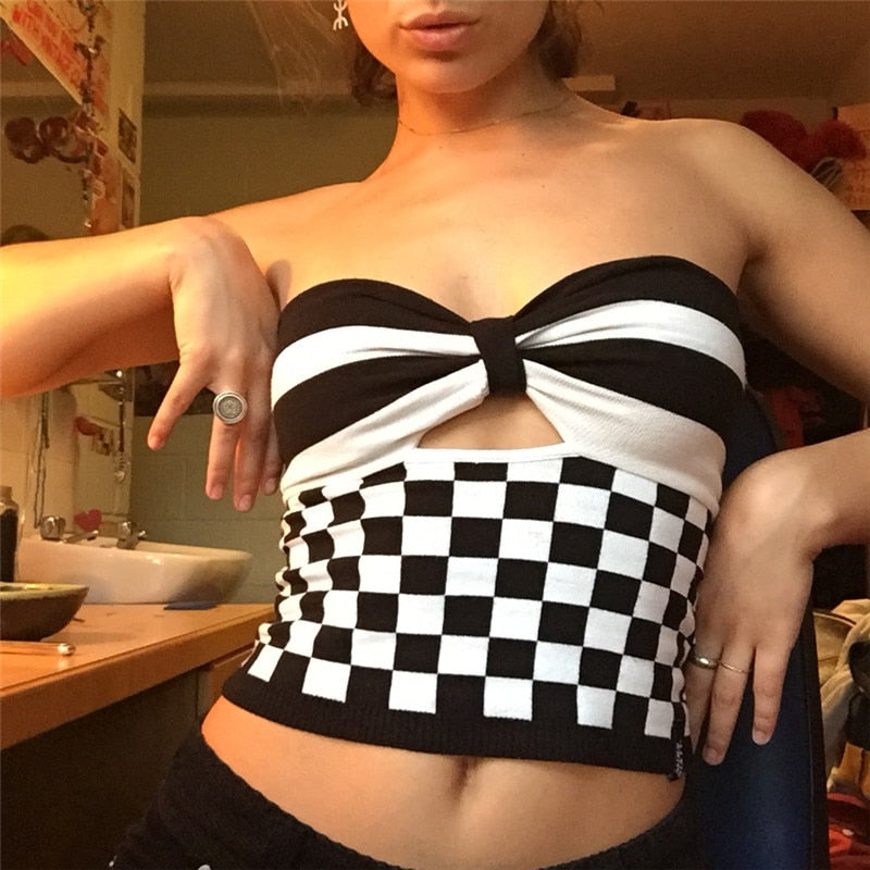 OOTDGIRL Black White Checkerboard Y2k Top Suspenders Chest Bow Tube Top Woman Summer Hollow Sexy Hot Girl Style Short Inner Streetwear