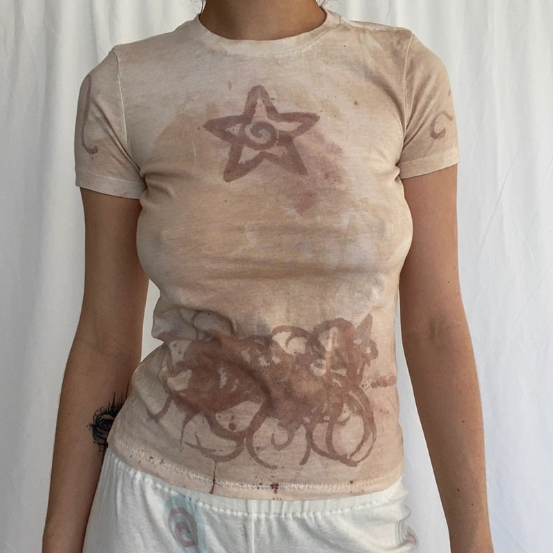 OOTDGIRL Star Print Retro Crop Top Summer Short Sleeve Sweats Tees 90S Vintage Women Y2K T-Shirt Aesthetics Fairy Grunge Streetwear