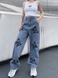 OOTDGIRL Women High Waisted Jeans Butterfly Print Straight Wide Leg Denim Pants Baggy Loose Casual Trousers Streetwear 2022 Spring New